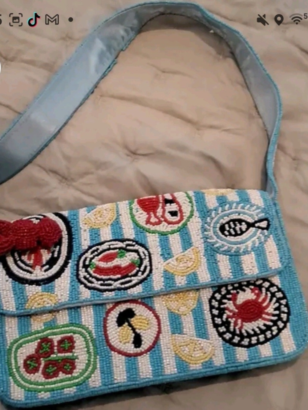 Beaded Blue Striped Shoulder Bag with Seafood Motif Nwt And Purse Charm